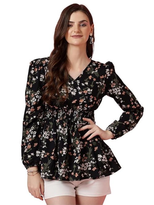 Sheetal Associates Women's Crepe Puff Sleeves Peplum Top with Floral Printed Regular Fit Full Sleeve and V-Neck Maxi Length